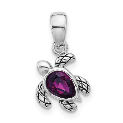 Polished and Antiqued Crystal February Birthstone Turtle Pendant Sterling Silver Rhodium-plated, QP