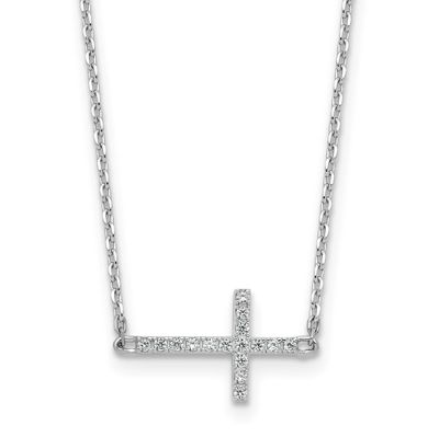 1.1mm CZ 16 Stone Sideway Cross 16 inch with 2 inch Extension Necklace Sterling Silver Rhodium-plat
