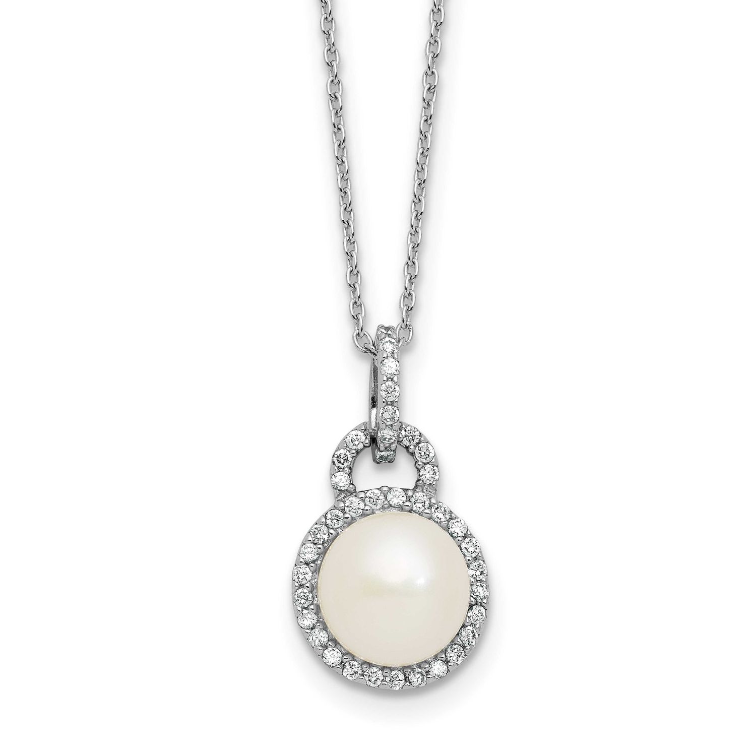 9-10mm White Button Freshwater Cultured Pearl and CZ 17 inch Necklace Sterling Silver Rhodium-plate
