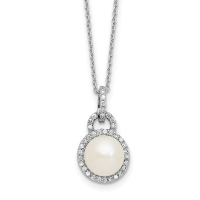 9-10mm White Button Freshwater Cultured Pearl and CZ 17 inch Necklace Sterling Silver Rhodium-plate