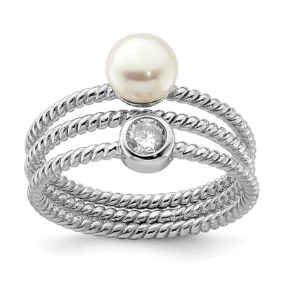 Sterling Silver Rhod-plat 6-7mm White Button FWC Pearl CZ set of 3 Ring Sterling Silver Rhodium-pla