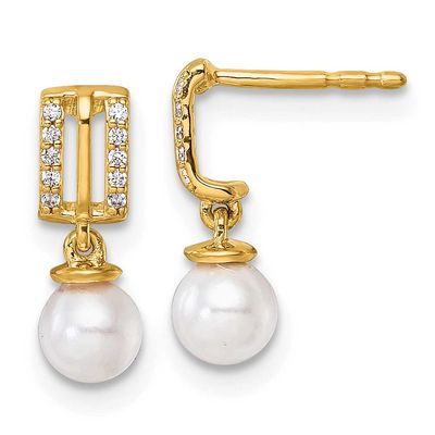 Diamond and Pearl Dangle Post Earrings 14k Gold Polished, EM10175-008-YAA,