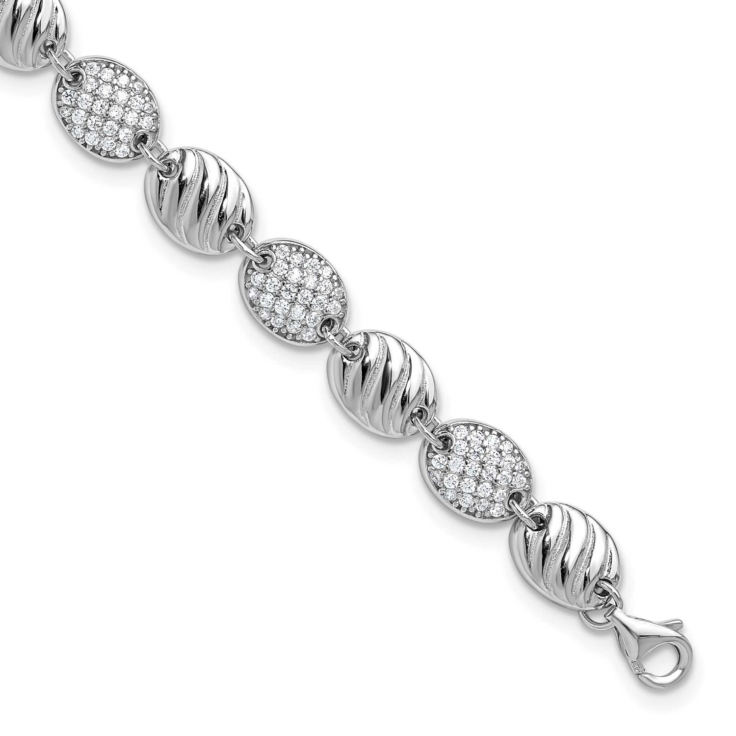 Cheryl M Polished and Grooved CZ Ovals with 1 Inch Extension Bracelet Sterling Silver Rhodium-plate