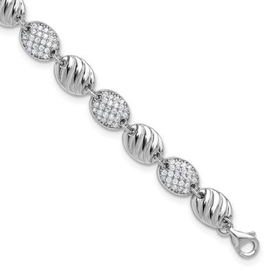 Cheryl M Polished and Grooved CZ Ovals with 1 Inch Extension Bracelet Sterling Silver Rhodium-plate