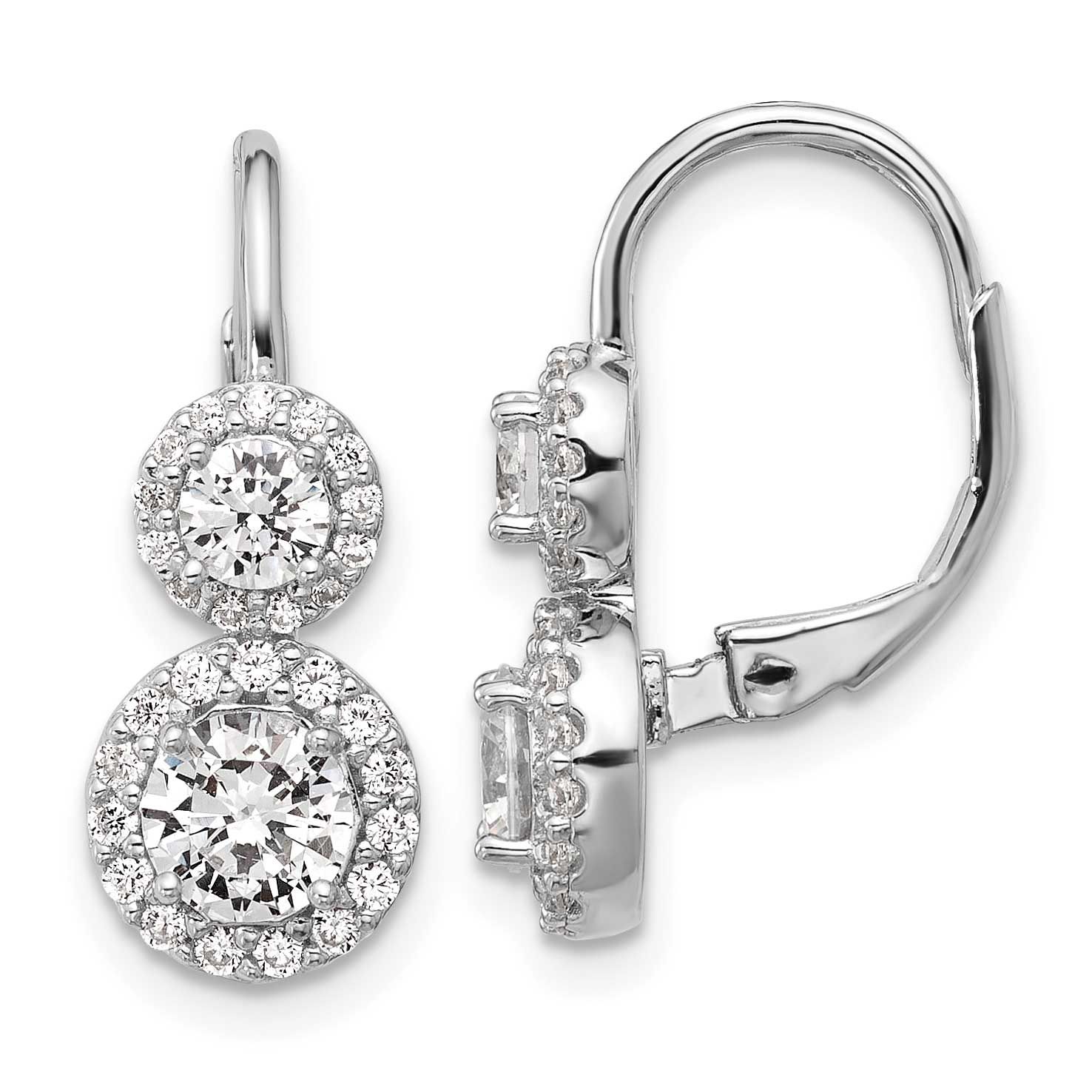 Cheryl M Polished Double Round CZ Halo Leverback Earrings Sterling Silver Rhodium-plated, QCM1681,