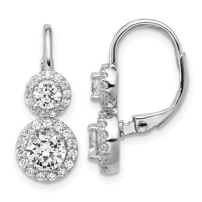 Cheryl M Polished Double Round CZ Halo Leverback Earrings Sterling Silver Rhodium-plated, QCM1681,