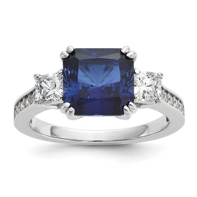 Cheryl M Polished Fancy Blue and White CZ 3-Stone Ring Sterling Silver Rhodium-plated, QCM1732-8, 1