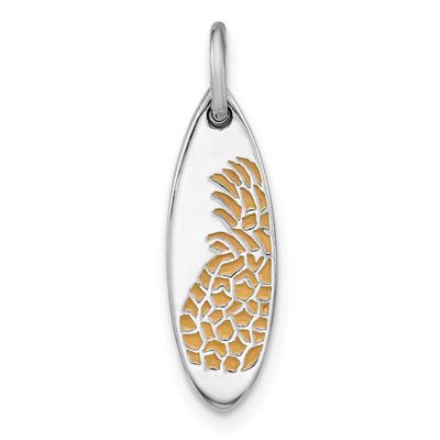 Yellow Enamel Pineapple Surfboard Pendant Sterling Silver Rhodium-plated, QP5903,