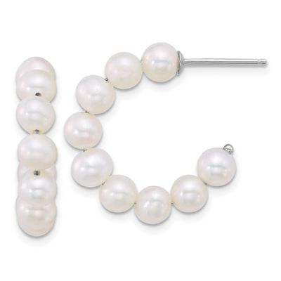 5-6mm White Button Freshwater Cultured Pearl Beaded Post Hoop Earrings Sterling Silver Rhodium-plat