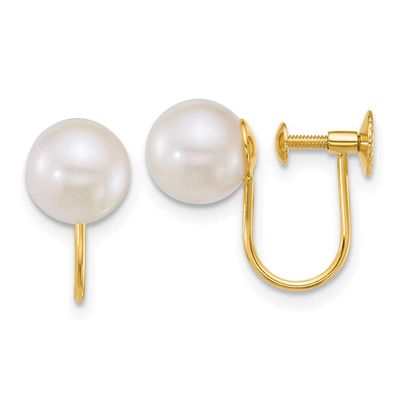 7-8mm White Round Akoya Saltwater Cultured Pearl Non Pierced Earrings 14k Gold, XF889E,