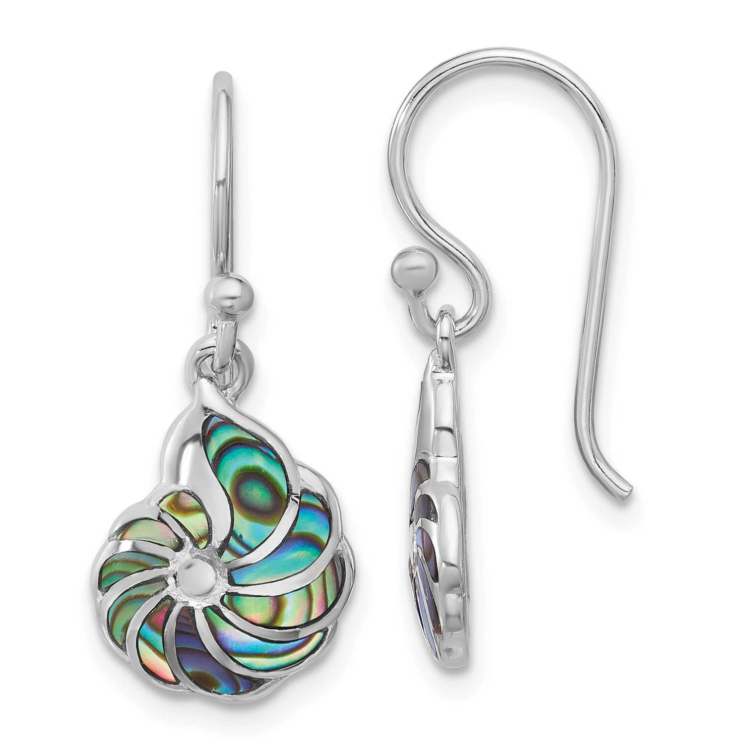 Polished Abalone Swirl Shell Dangle Earrings Sterling Silver Rhodium-plated, QE17791,