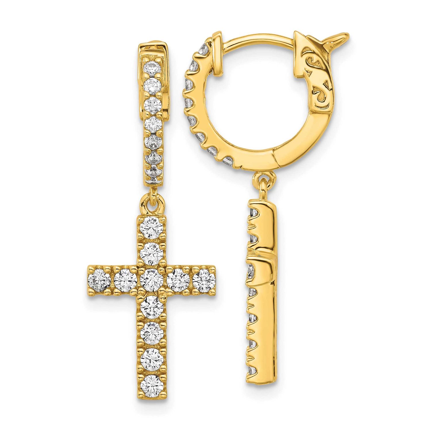 Gold-tone Flash Gold-plated CZ 38 Stone Cross Hinged Hoop Earrings Sterling Silver, QE11280Y, 19690