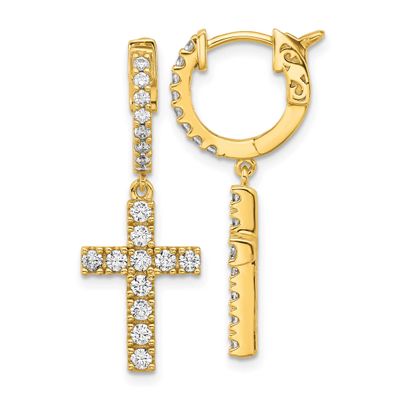Gold-tone Flash Gold-plated CZ 38 Stone Cross Hinged Hoop Earrings Sterling Silver, QE11280Y, 19690