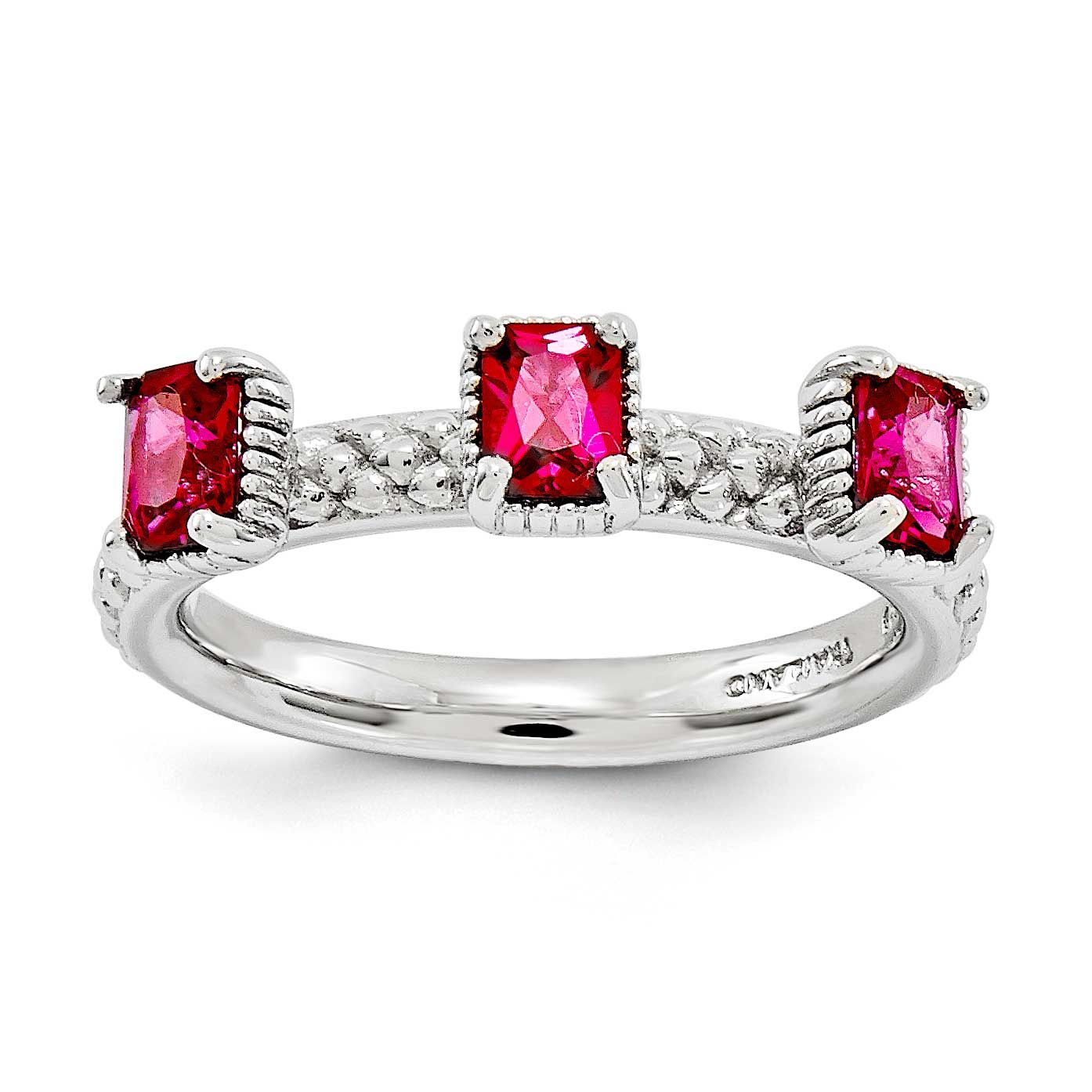 Created Ruby Three Stone Ring Sterling Silver, QSK1585-5, 886774213187