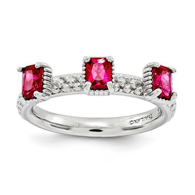 Created Ruby Three Stone Ring Sterling Silver, QSK1585-5, 886774213187