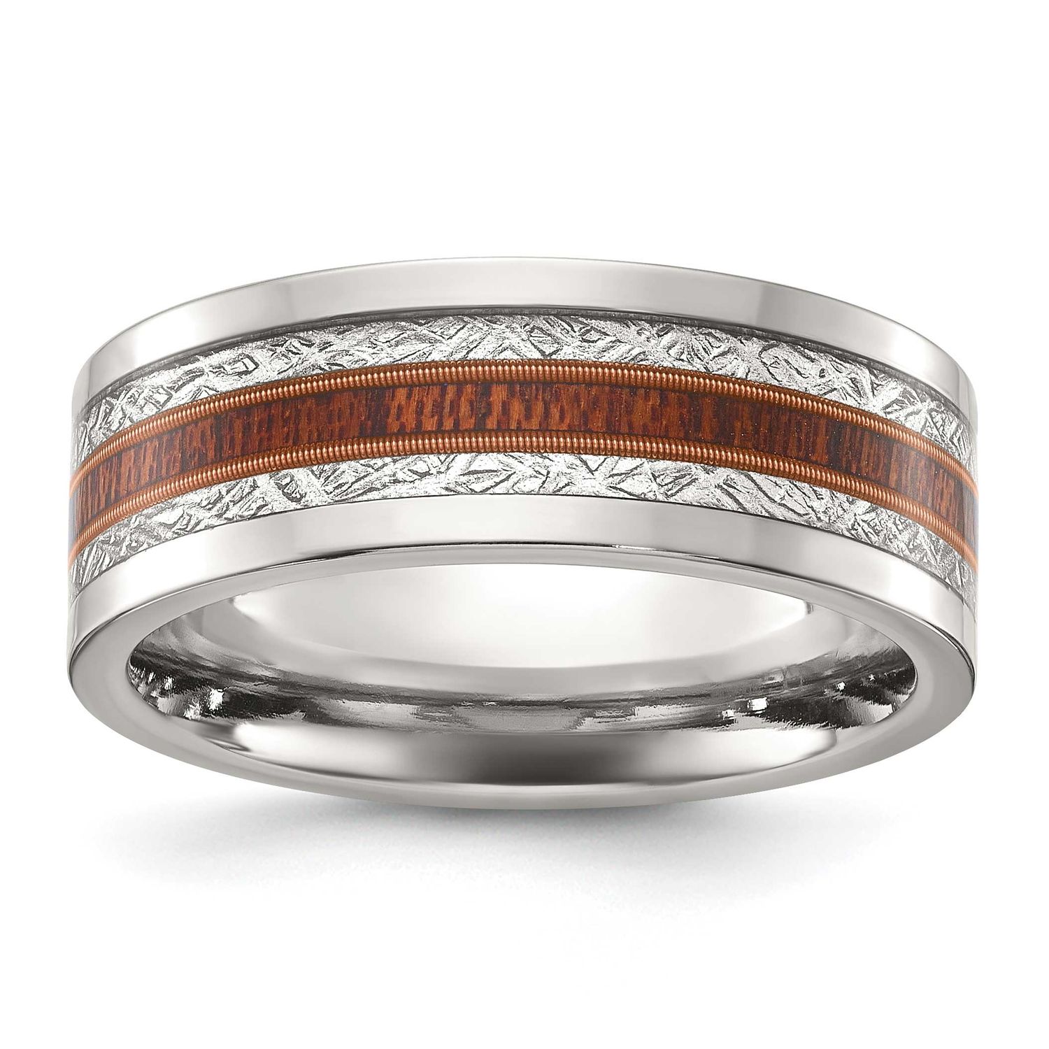 Wood and Imitation Meteorite Inlay 8mm Band Stainless Steel Polished, SR764-12.5, 196904253847
