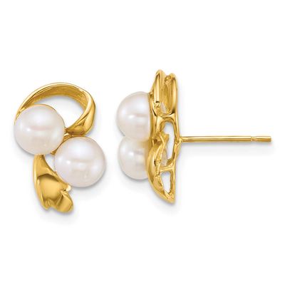 5-6mm White Button Freshwater Cultured Pearl Post Earrings 14k Gold Polished, XF894E,