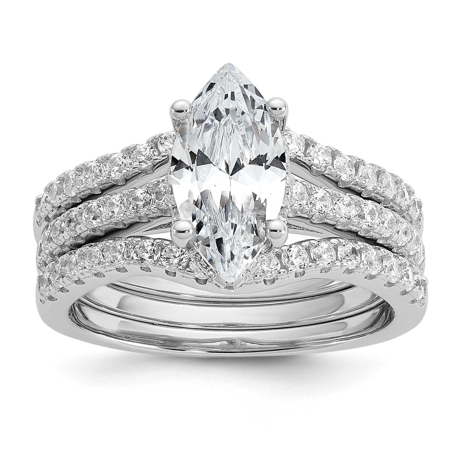 Cheryl M Polished Marquise CZ with Two Bands Ring Set Sterling Silver Rhodium-plated, QCM1741-9, 19