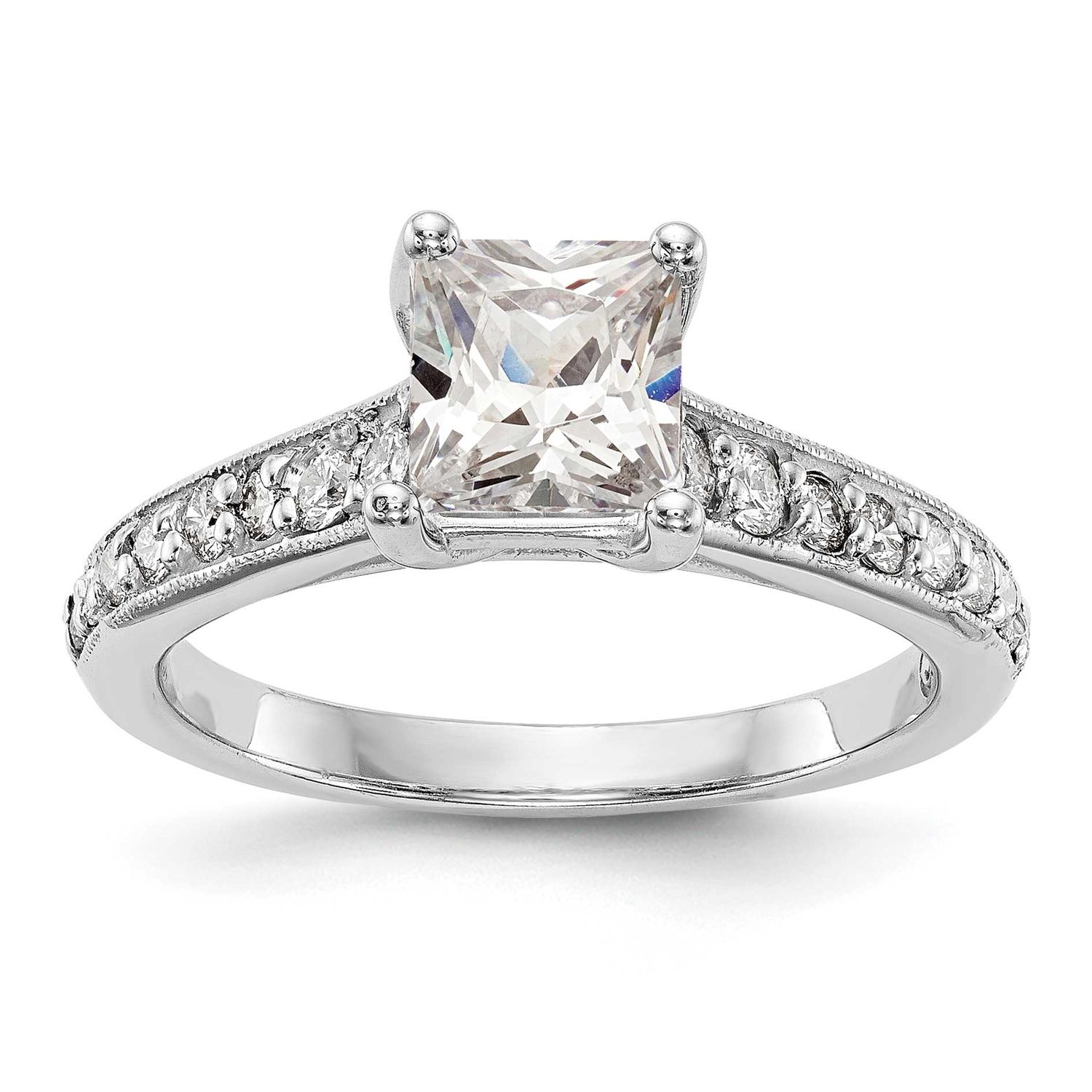 Holds 1 carat 5.5mm Princess Center 1/3 carat Diamond Semi-Mount Engagement Ring 14k White Gold, RM