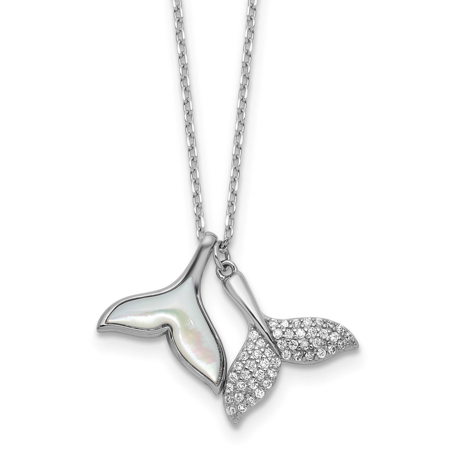 MOP and CZ Whale Tails 16in 2in Ext Necklace Sterling Silver Rhodium-plated, QG7096-16,