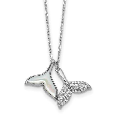 MOP and CZ Whale Tails 16in 2in Ext Necklace Sterling Silver Rhodium-plated, QG7096-16,