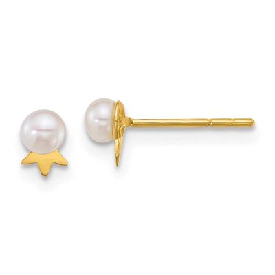 3-4mm White Round Freshwater Cultured Pearl with Crown Post Earrings 14k Gold, XF895E,