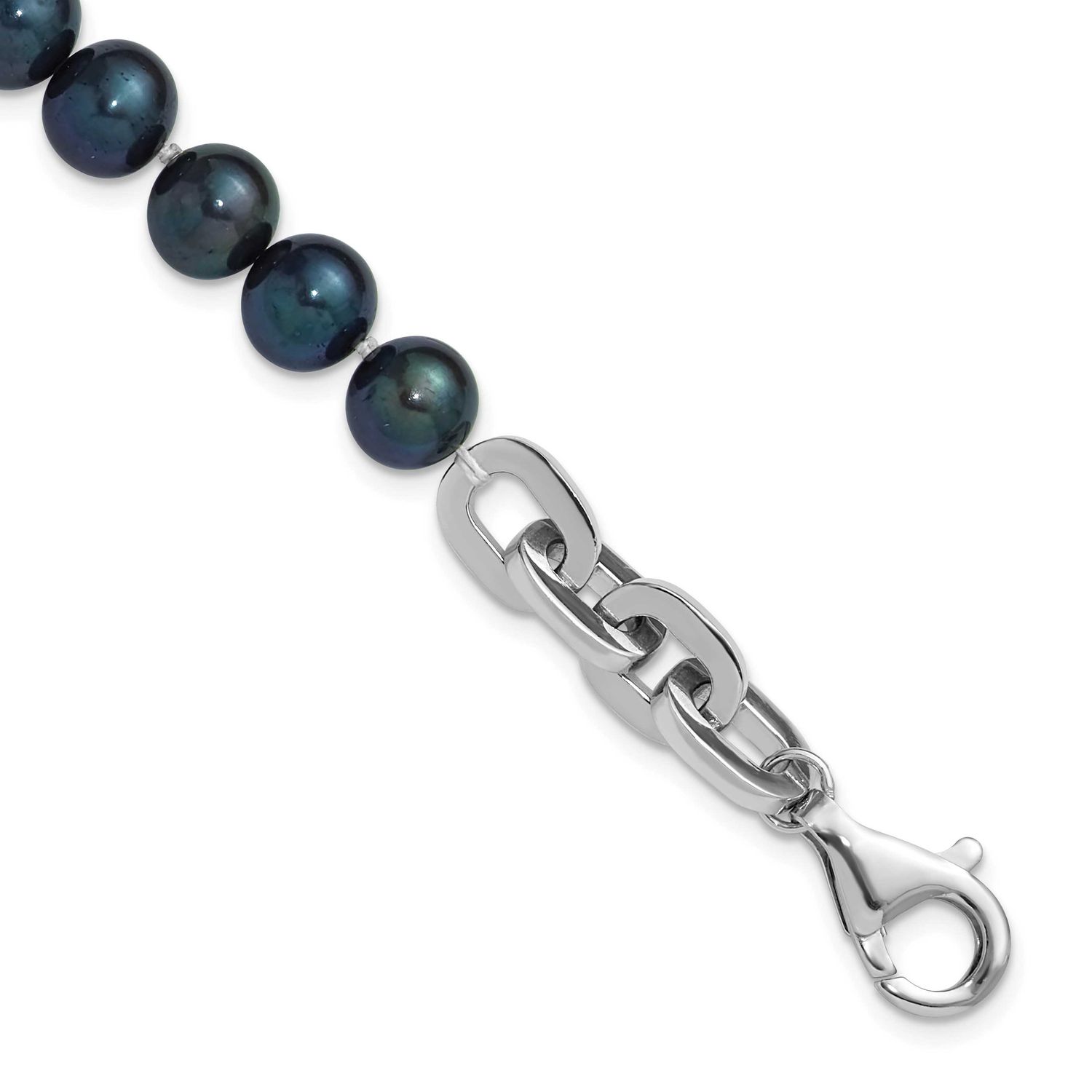 7-8mm Black Round Freshwater Cultured Pearl 8 inch Link Bracelet Sterling Silver Rhodium-plated, QH