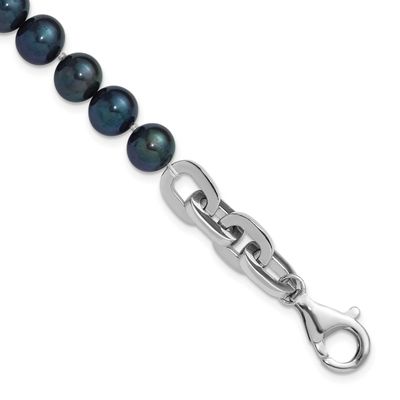 7-8mm Black Round Freshwater Cultured Pearl 8 inch Link Bracelet Sterling Silver Rhodium-plated, QH