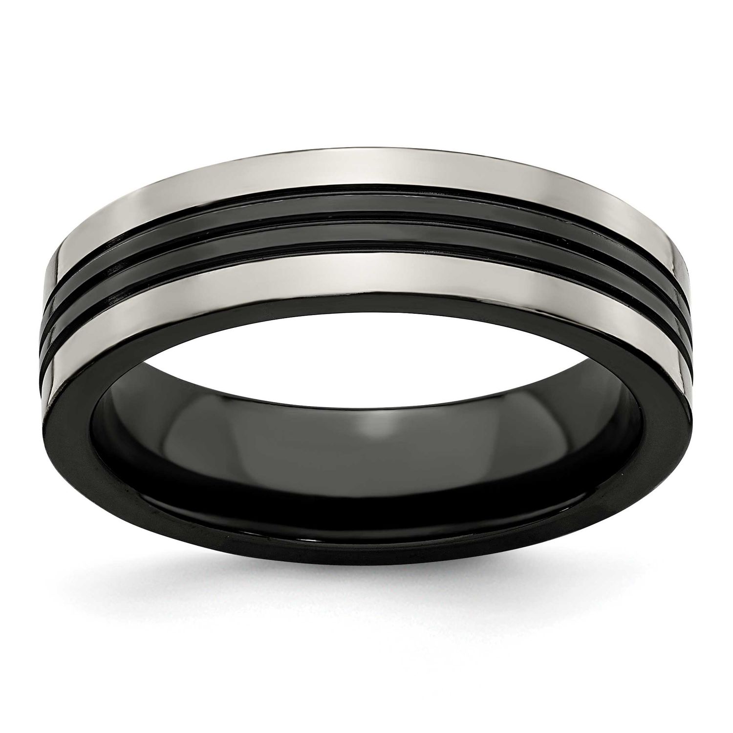 Edward Mirell Grey Titanium/Black Ti Center Grooved 6mm Flat Band Titanium, EMR141-6.5, 886774280615