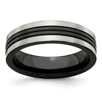 Edward Mirell Grey Titanium/Black Ti Center Grooved 6mm Flat Band Titanium, EMR141-6.5, 886774280615