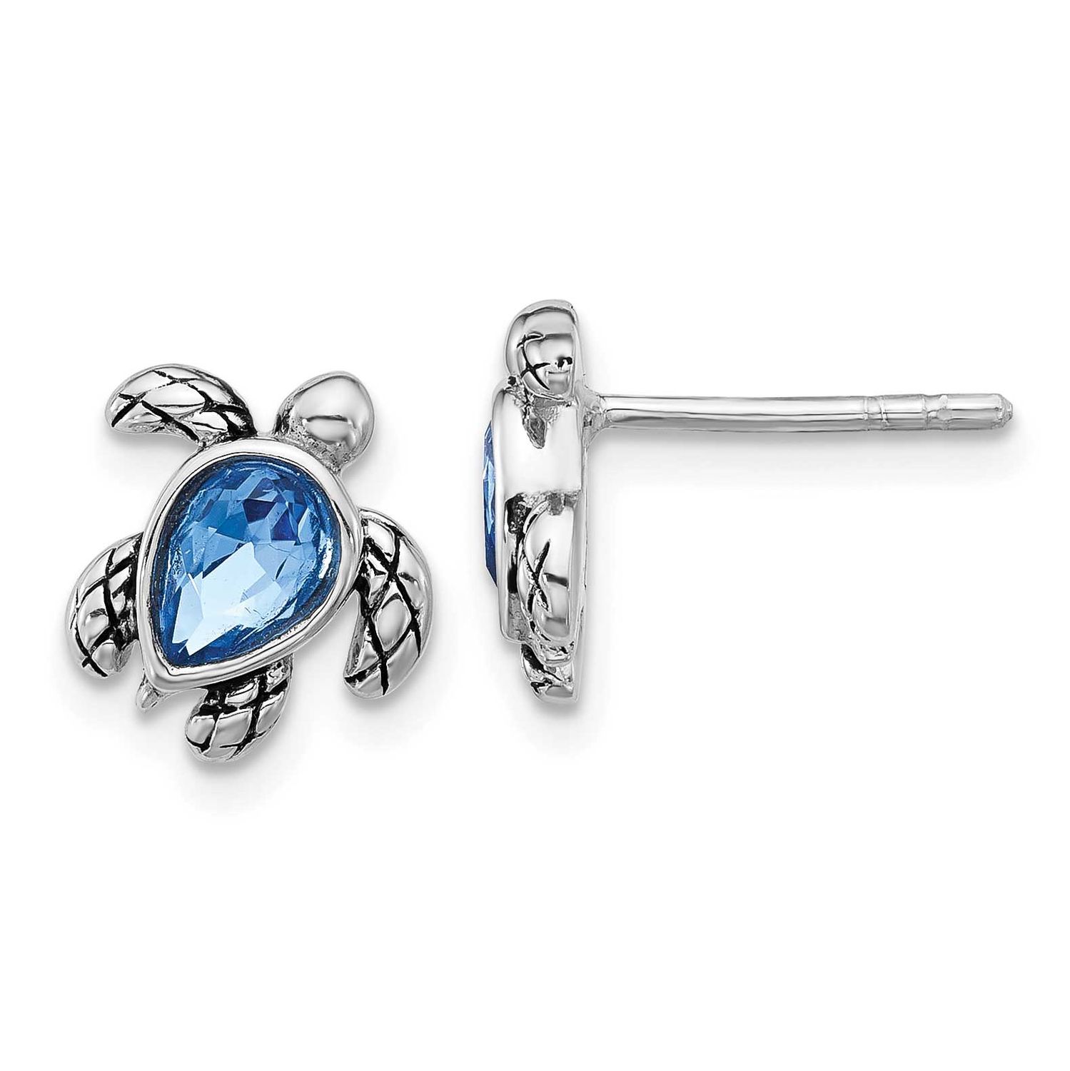 Polished Antiqued Blue Crystal September Birthstone Turtle Earrings Sterling Silver Rhodium-plated,