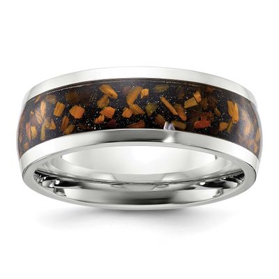 Yellow Tiger&#39;s Eye Inlay 8mm Band Stainless Steel Polished, SR760-13, 196904256350