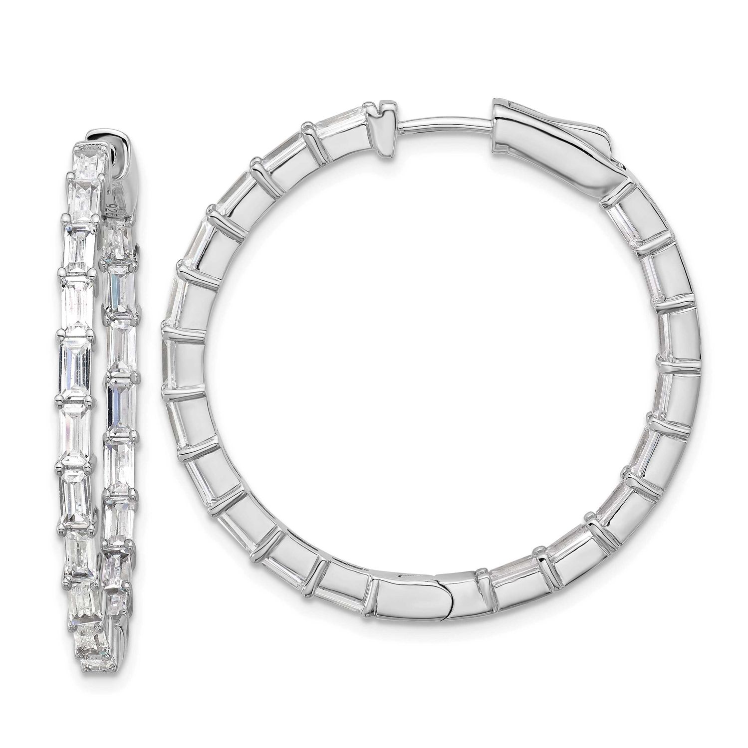 4mm x 2mm CZ 38 Stone In and Out Hinged Hoop Earrings Sterling Silver Rhodium-plated, QSH190, 19690