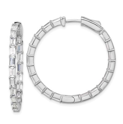 4mm x 2mm CZ 38 Stone In and Out Hinged Hoop Earrings Sterling Silver Rhodium-plated, QSH190, 19690