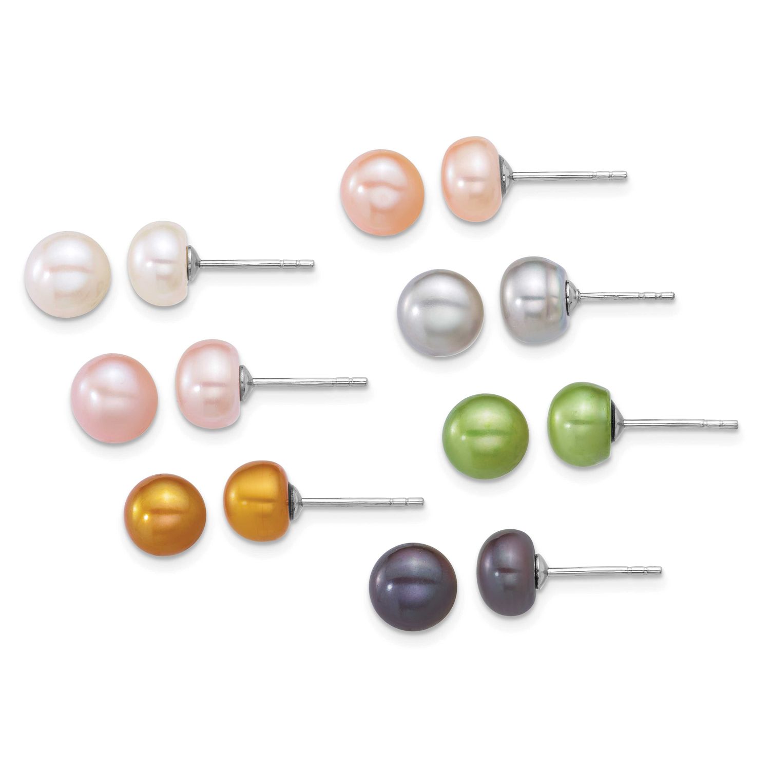 7-8mm Multicolor Button Freshwater Cultured Pearl 7-piece Post Earring Set Sterling Silver Rhodium-