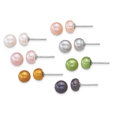 7-8mm Multicolor Button Freshwater Cultured Pearl 7-piece Post Earring Set Sterling Silver Rhodium-