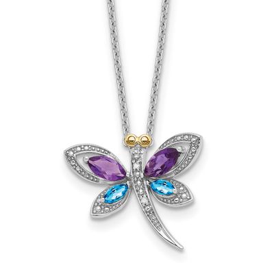 Sterling Silver/RH-pltd Amy/Bl Topaz/Diamond Dragonfly 18in 2 ext Necklace 14k Gold, QG6771-18,