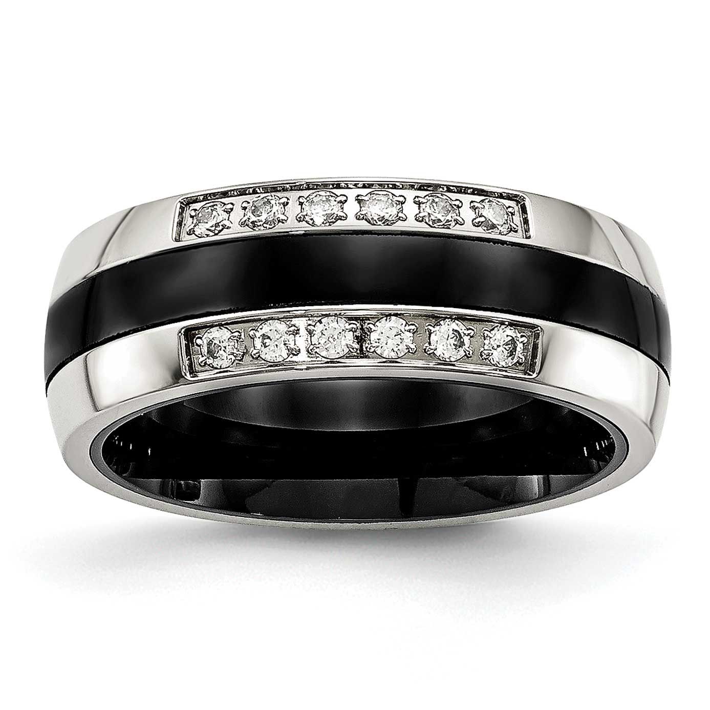 Black Ceramic and CZ Ring Stainless Steel Polished, SR560-5, 191101852855