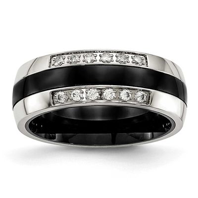 Black Ceramic and CZ Ring Stainless Steel Polished, SR560-5, 191101852855