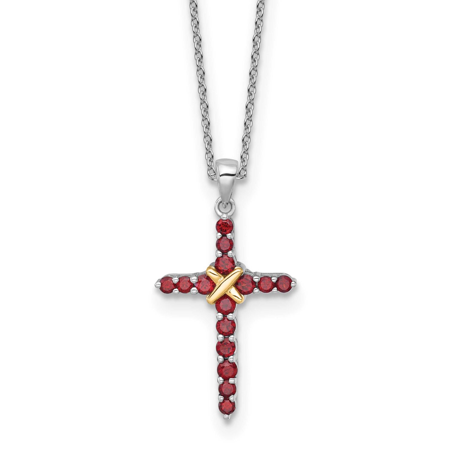Shey Couture with 14k -X- Accent Round Garnet Cross 18 inch with 2 inch Extension Necklace Sterling