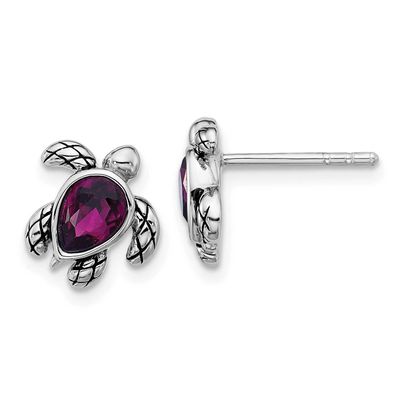 Polished and Antiqued Purple Crystal February Birthstone Turtle Earrings Sterling Silver Rhodium-pl
