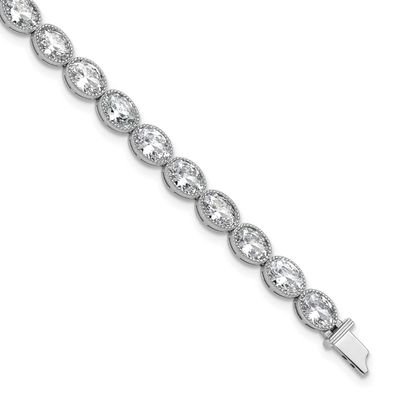 6mm x 4mm CZ 25 Stone Oval Link 6.75 inch Bracelet Sterling Silver Rhodium-plated, QSH155-6.75, 196