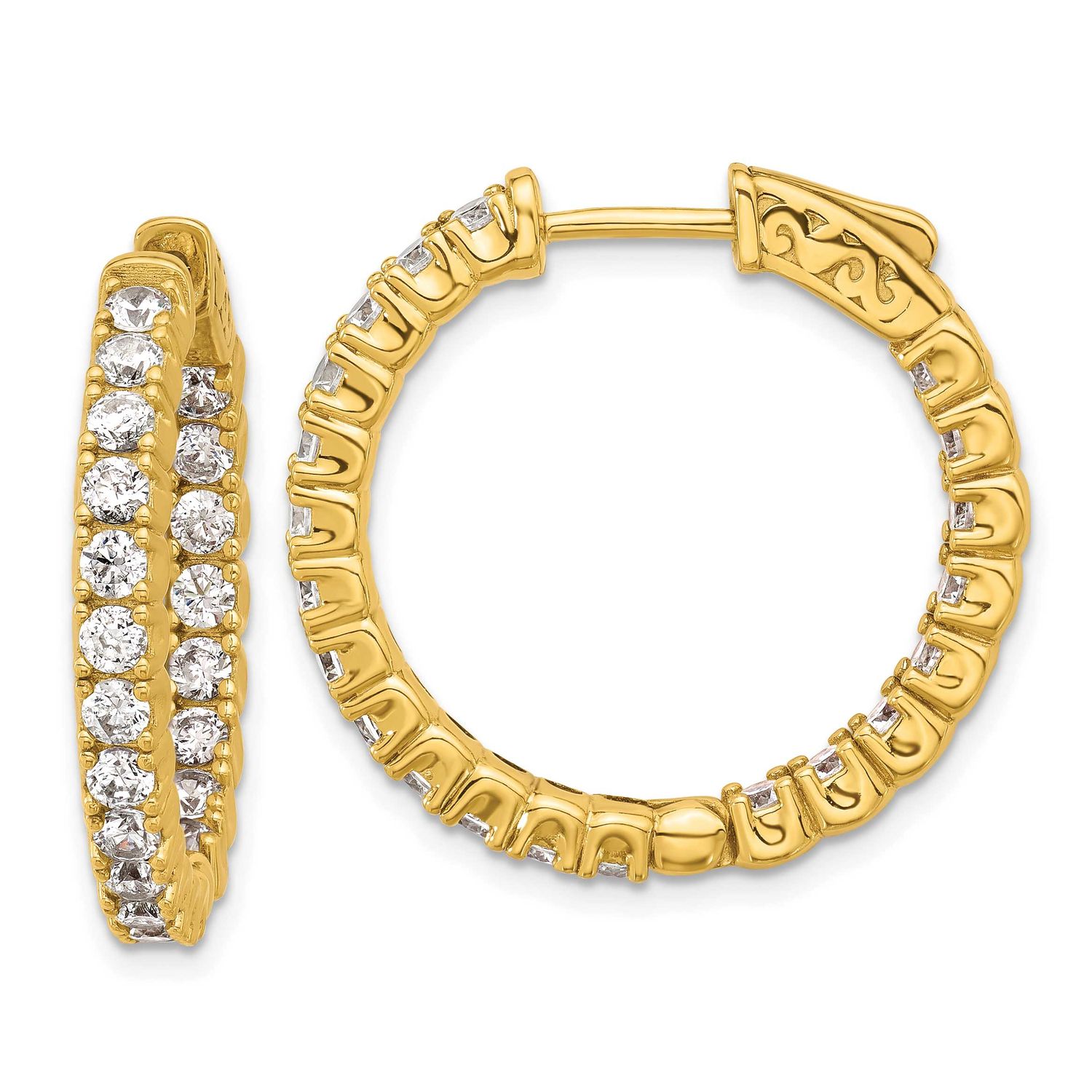 Gold-tone Flash Gold-plated 2.5mm CZ 42 Stone In and Out Hinged Hoop Earrings Sterling Silver, QE79