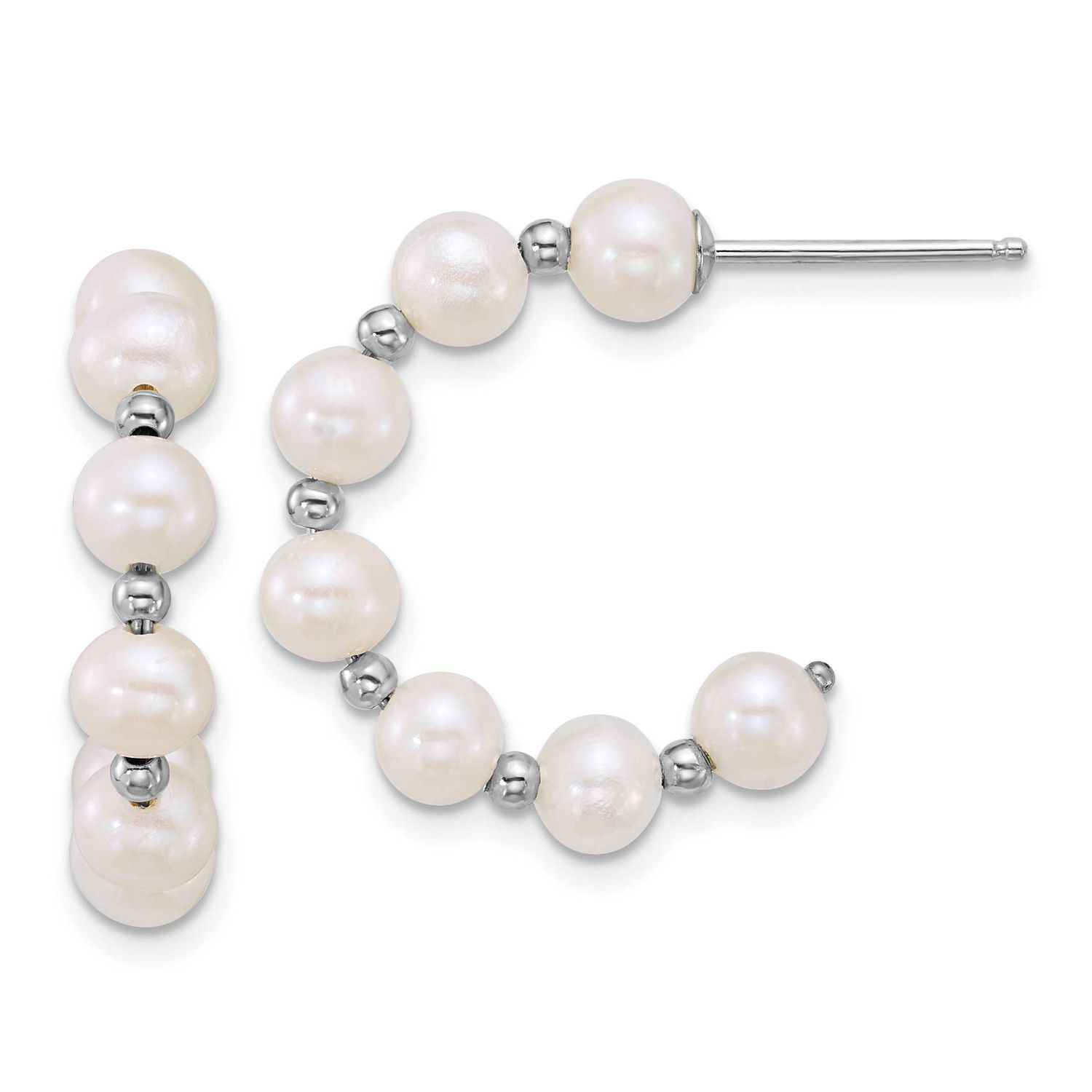 4-5mm White Round Freshwater Cultured Pearl Beaded Post Hoop Earrings Sterling Silver Rhodium-plate