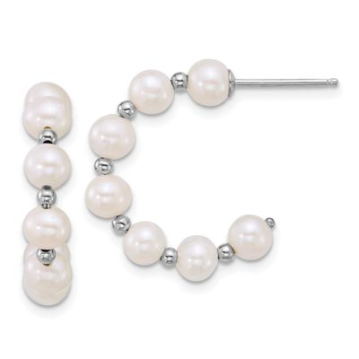 4-5mm White Round Freshwater Cultured Pearl Beaded Post Hoop Earrings Sterling Silver Rhodium-plate