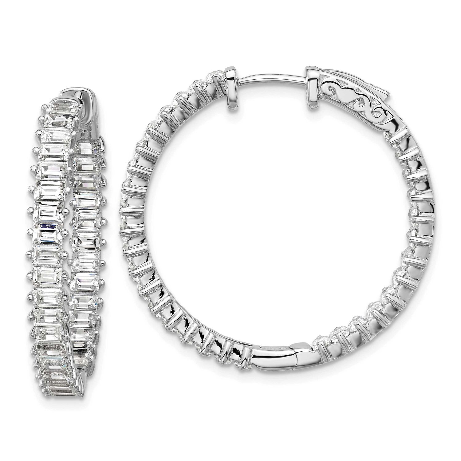 3mm x 2mm CZ 64 Stone In and Out Hinged Hoop Earrings Sterling Silver Rhodium-plated, QSH136, 19690