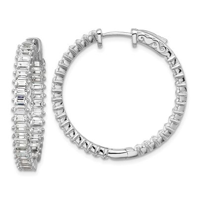 3mm x 2mm CZ 64 Stone In and Out Hinged Hoop Earrings Sterling Silver Rhodium-plated, QSH136, 19690