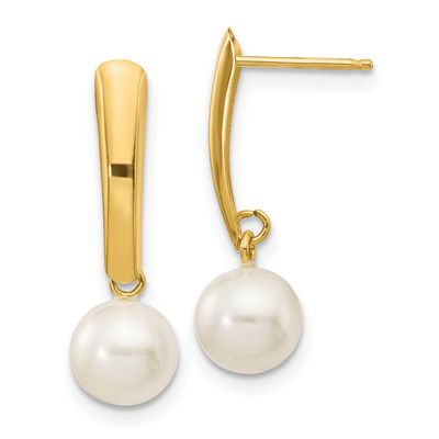 6-7mm White Round Freshwater Cultured Pearl Post Dangle Earrings 10k Gold, 10XF263E,
