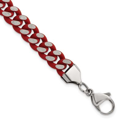 Red Enamel and Rubber Coating 9mm 8.5 inch Curb Chain Bracelet Stainless Steel Polished, SRB3159-8.