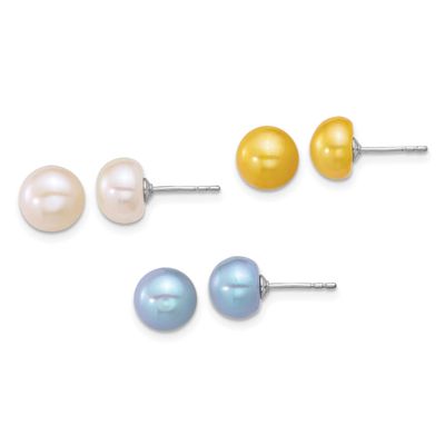 7-8mm White, Yellow and Blue Button Freshwater Cultured Pearl 3-piece Post Earring Set Sterling Sil